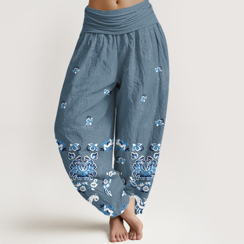 Pantaloni harem da donna con elastico in vita, modello classico a fiori e farfalle, in puro cotone, eleganti Buddha Stones - SteelBlue - US16, UK/AU20, EU48 (3XL) - image 8