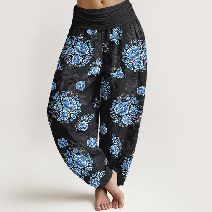 Pantaloni harem da donna con elastico in vita e motivo floreale blu in puro cotone Buddha Stones - Nero - US16, UK/AU20, EU48 (3XL) - image 0