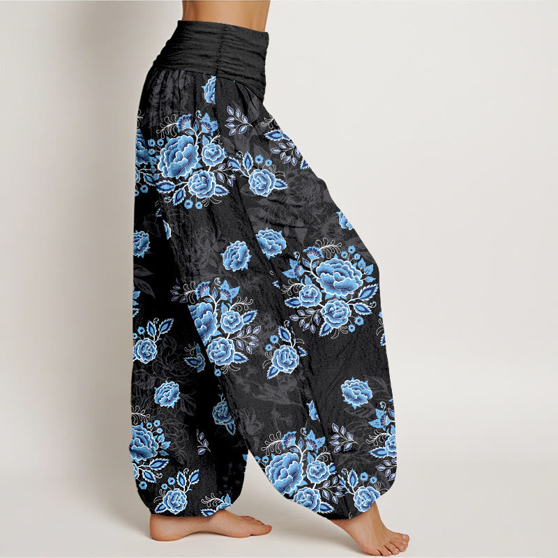 Pantaloni harem da donna con elastico in vita e motivo floreale blu in puro cotone Buddha Stones - image 2