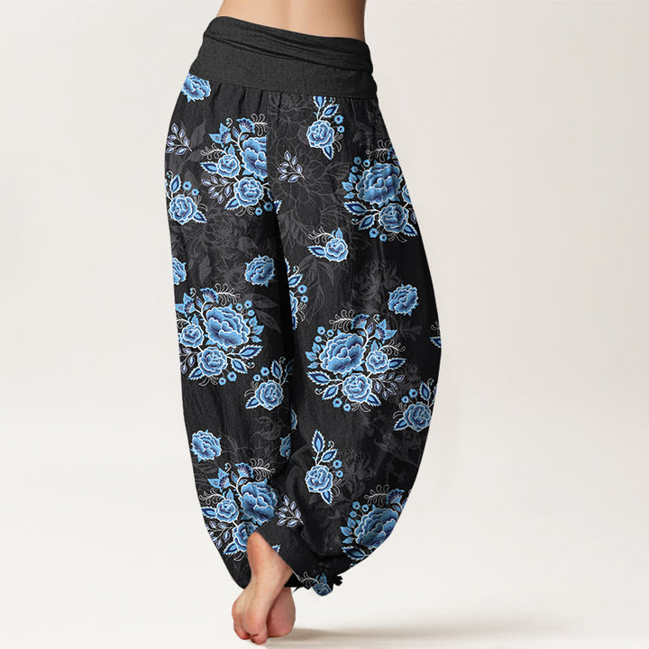 Pantaloni harem da donna con elastico in vita e motivo floreale blu in puro cotone Buddha Stones - image 1
