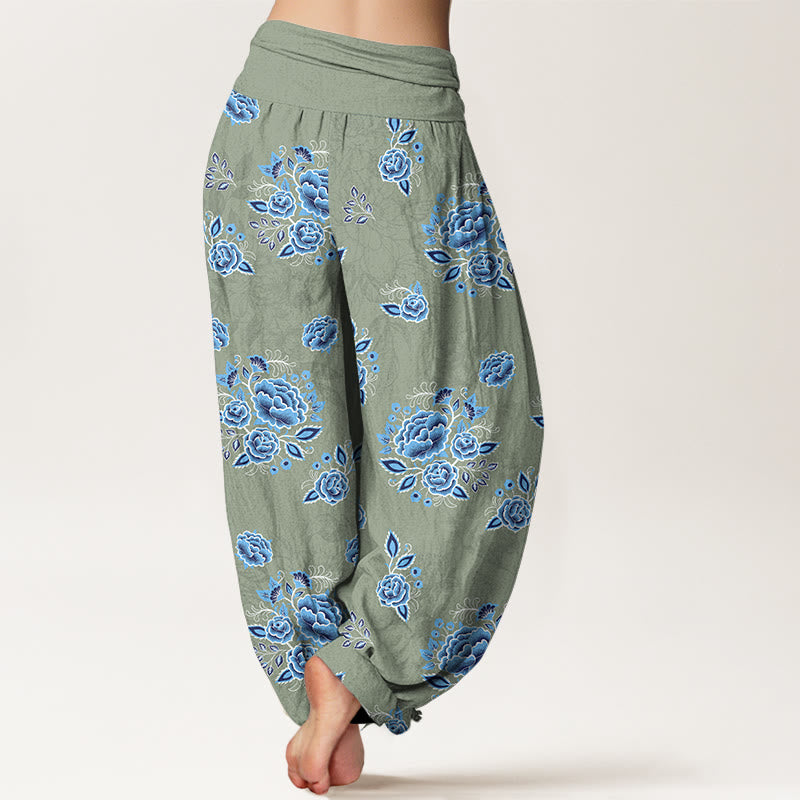 Pantaloni harem da donna con elastico in vita e motivo floreale blu in puro cotone Buddha Stones - image 6