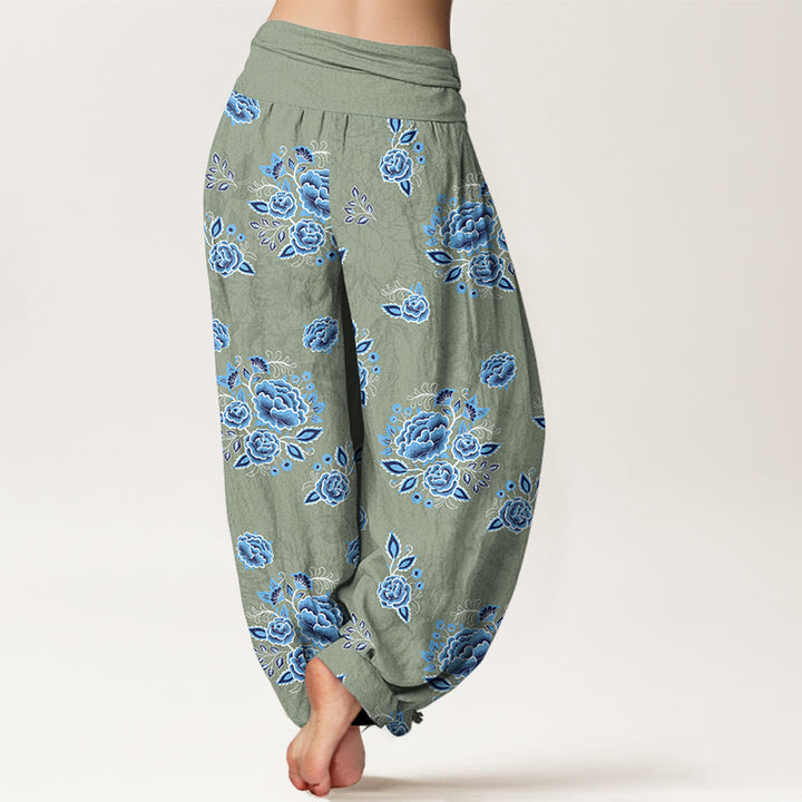 Pantaloni harem da donna con elastico in vita e motivo floreale blu in puro cotone Buddha Stones - image 6