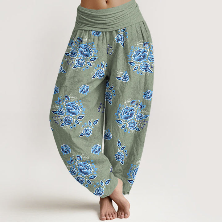Pantaloni harem da donna con elastico in vita e motivo floreale blu in puro cotone Buddha Stones - DarkSeaGreen - US16, UK/AU20, EU48 (3XL) - image 5