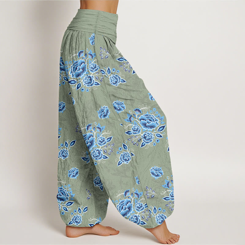 Pantaloni harem da donna con elastico in vita e motivo floreale blu in puro cotone Buddha Stones - image 7