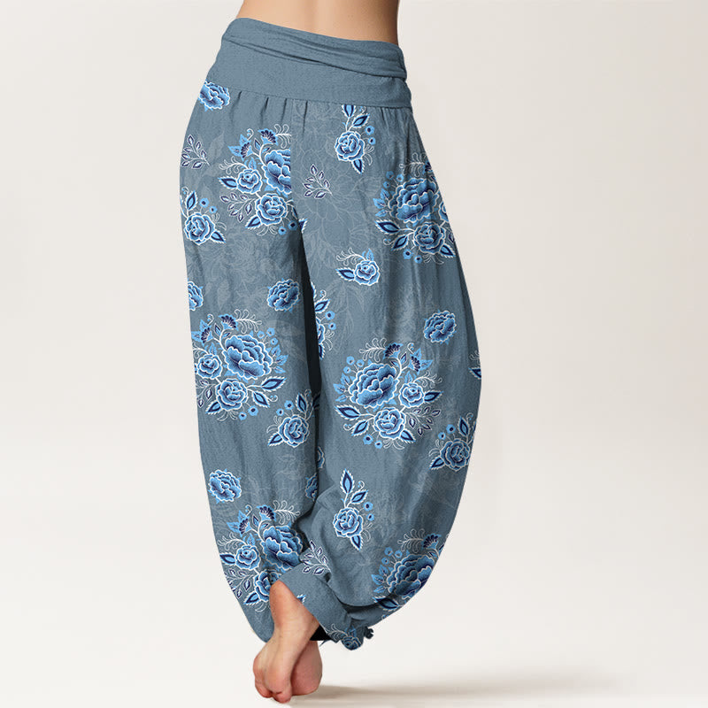 Pantaloni harem da donna con elastico in vita e motivo floreale blu in puro cotone Buddha Stones - image 9