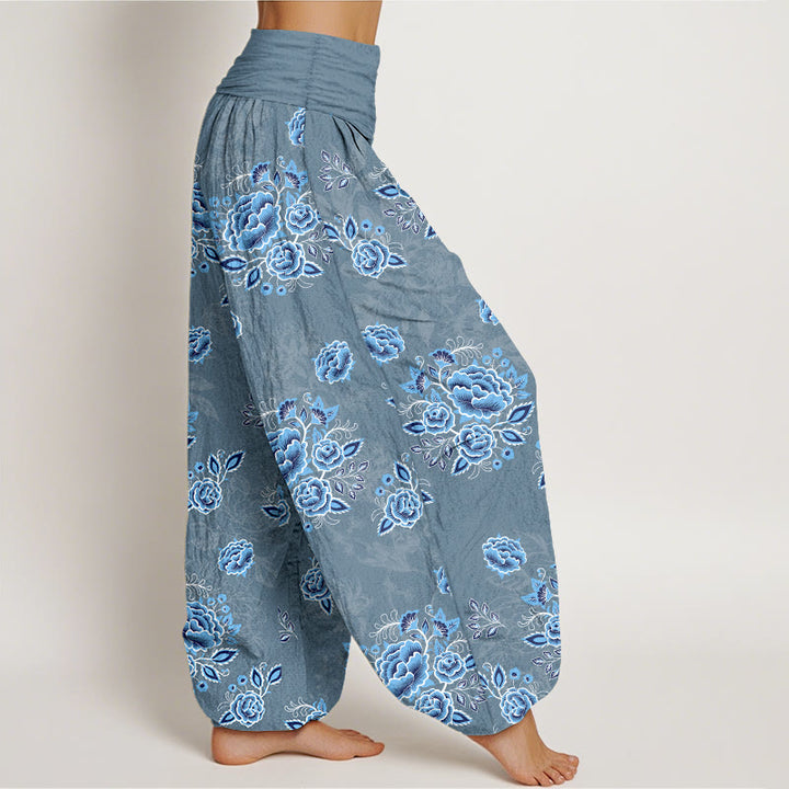 Pantaloni harem da donna con elastico in vita e motivo floreale blu in puro cotone Buddha Stones - image 10