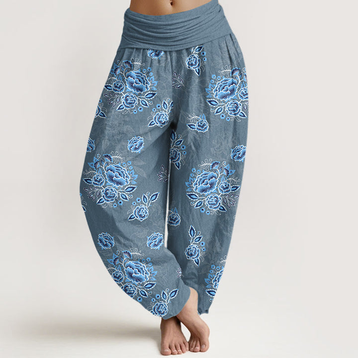 Pantaloni harem da donna con elastico in vita e motivo floreale blu in puro cotone Buddha Stones - SteelBlue - US16, UK/AU20, EU48 (3XL) - image 8