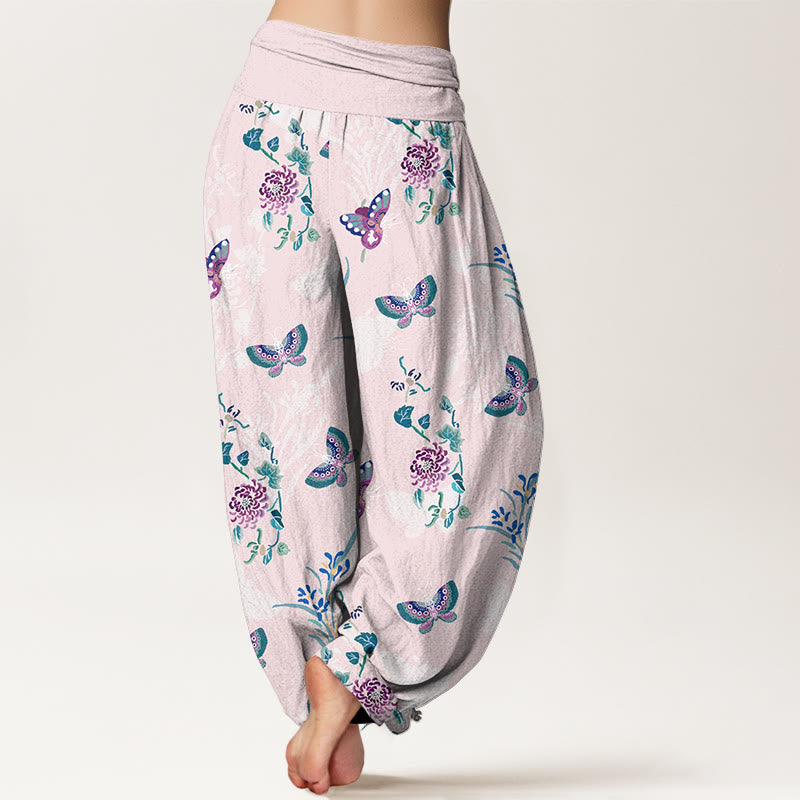 Pantaloni harem da donna con elastico in vita, in puro Buddha Stones , freschi ed eleganti, con motivo a farfalle ed erba. - image 1