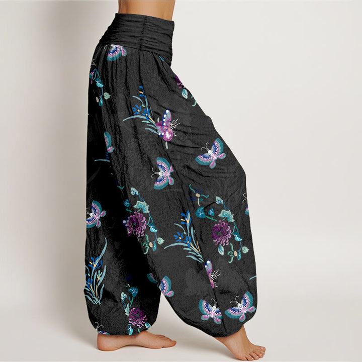 Pantaloni harem da donna con elastico in vita, in puro Buddha Stones , freschi ed eleganti, con motivo a farfalle ed erba. - image 7