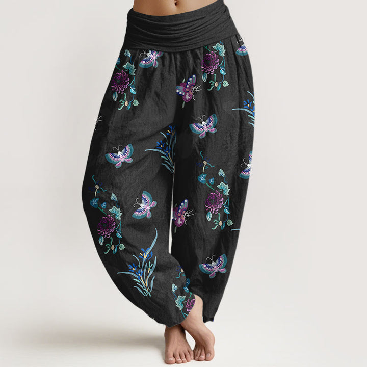 Pantaloni harem da donna con elastico in vita, in puro Buddha Stones , freschi ed eleganti, con motivo a farfalle ed erba. - Nero - US16, UK/AU20, EU48 (3XL) - image 5