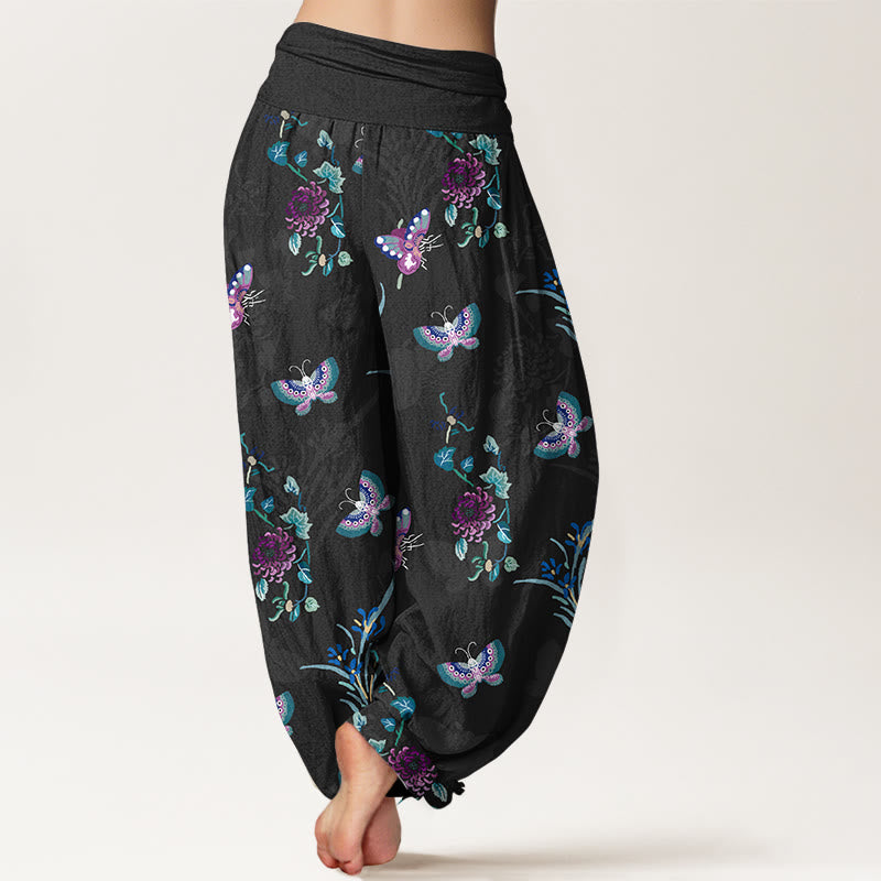 Pantaloni harem da donna con elastico in vita, in puro Buddha Stones , freschi ed eleganti, con motivo a farfalle ed erba. - image 6