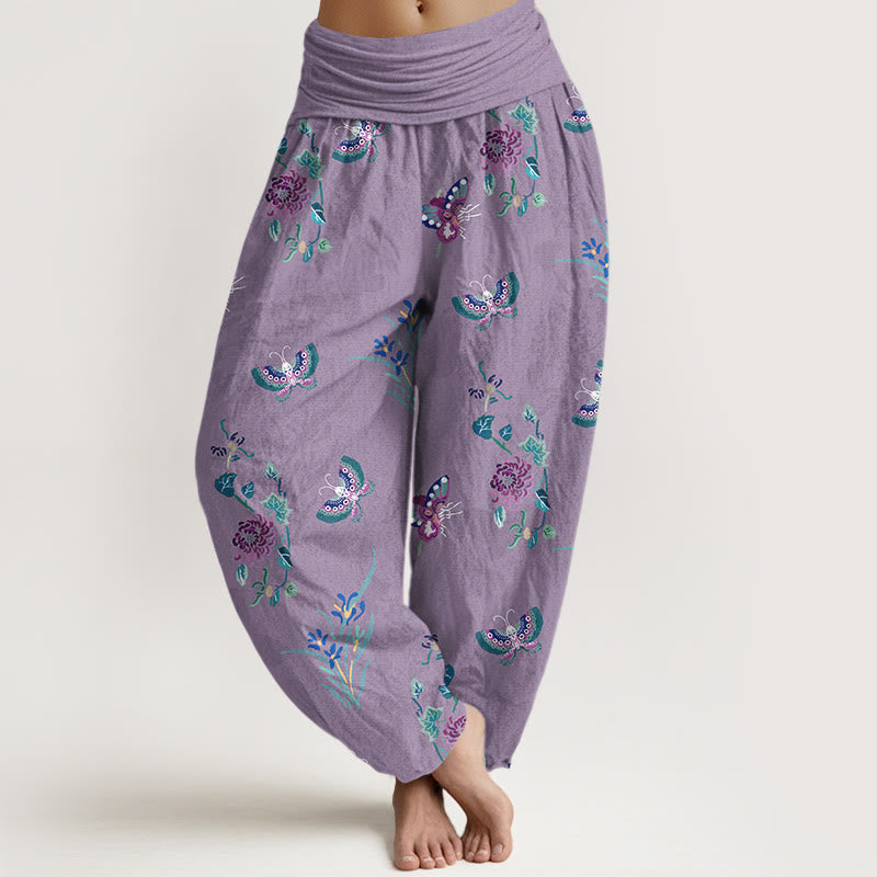 Pantaloni harem da donna con elastico in vita, in puro Buddha Stones , freschi ed eleganti, con motivo a farfalle ed erba. - Viola medio - US16, UK/AU20, EU48 (3XL) - image 8