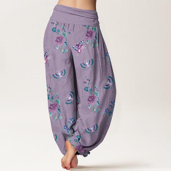 Pantaloni harem da donna con elastico in vita, in puro Buddha Stones , freschi ed eleganti, con motivo a farfalle ed erba. - image 9