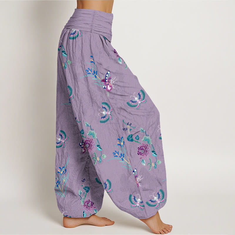 Pantaloni harem da donna con elastico in vita, in puro Buddha Stones , freschi ed eleganti, con motivo a farfalle ed erba. - image 10