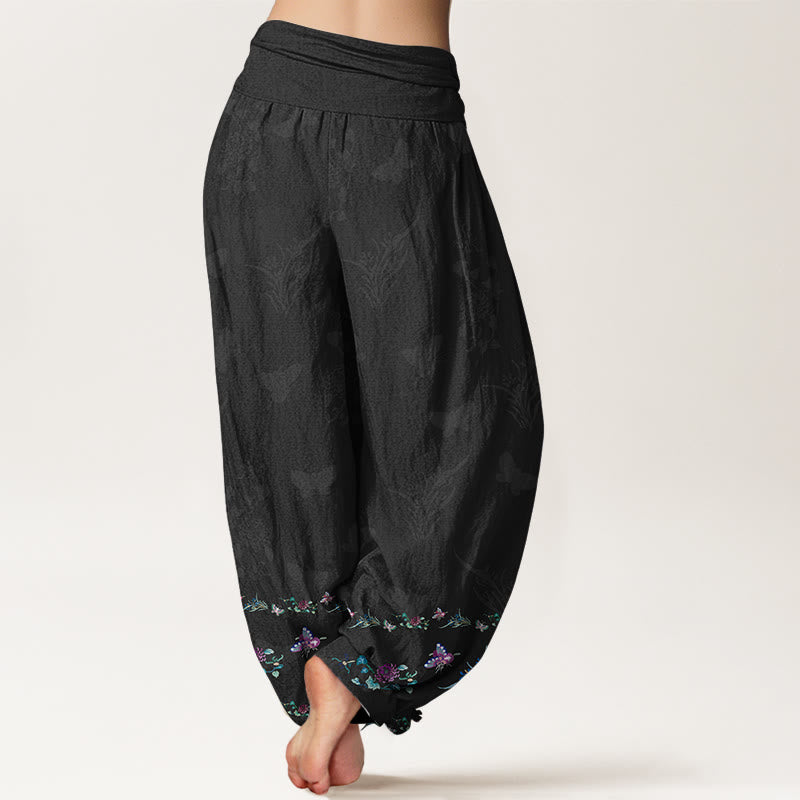 Pantaloni harem da donna con elastico in vita, modello Buddha Stones in puro cotone, gambe disposte in modo ordinato, motivo a farfalla e fiori d'erba - image 1