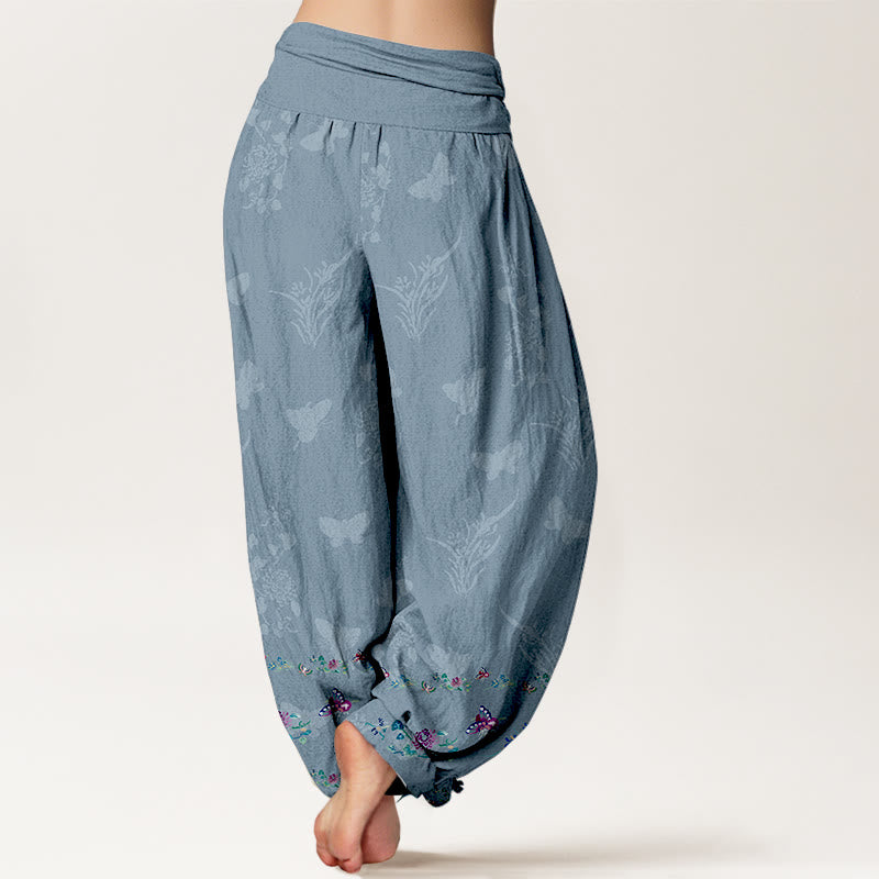 Pantaloni harem da donna con elastico in vita, modello Buddha Stones in puro cotone, gambe disposte in modo ordinato, motivo a farfalla e fiori d'erba - image 6