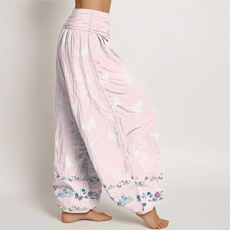 Pantaloni harem da donna con elastico in vita, modello Buddha Stones in puro cotone, gambe disposte in modo ordinato, motivo a farfalla e fiori d'erba - image 10