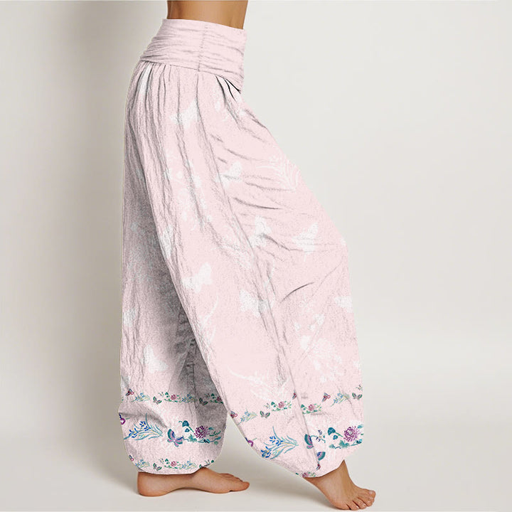 Pantaloni harem da donna con elastico in vita, modello Buddha Stones in puro cotone, gambe disposte in modo ordinato, motivo a farfalla e fiori d'erba - image 10