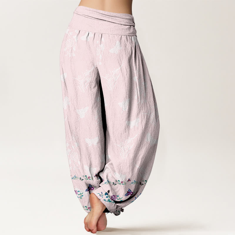 Pantaloni harem da donna con elastico in vita, modello Buddha Stones in puro cotone, gambe disposte in modo ordinato, motivo a farfalla e fiori d'erba - image 9
