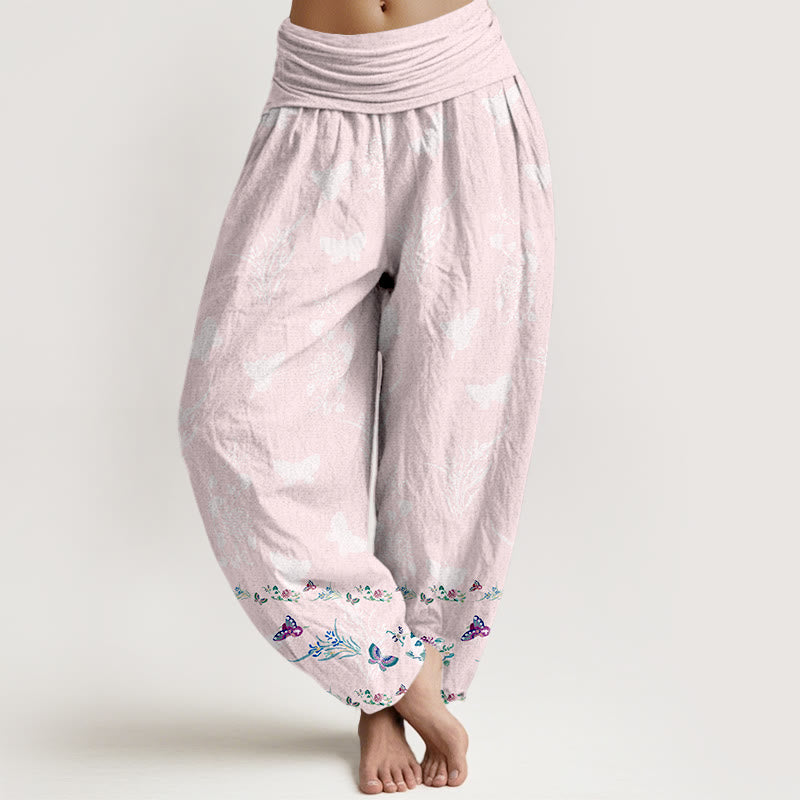 Pantaloni harem da donna con elastico in vita, modello Buddha Stones in puro cotone, gambe disposte in modo ordinato, motivo a farfalla e fiori d'erba - Rosa Nebbiosa - US16, UK/AU20, EU48 (3XL) - image 8