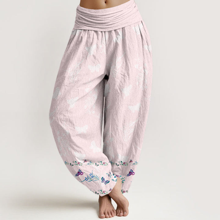 Pantaloni harem da donna con elastico in vita, modello Buddha Stones in puro cotone, gambe disposte in modo ordinato, motivo a farfalla e fiori d'erba - Rosa Nebbiosa - US16, UK/AU20, EU48 (3XL) - image 8