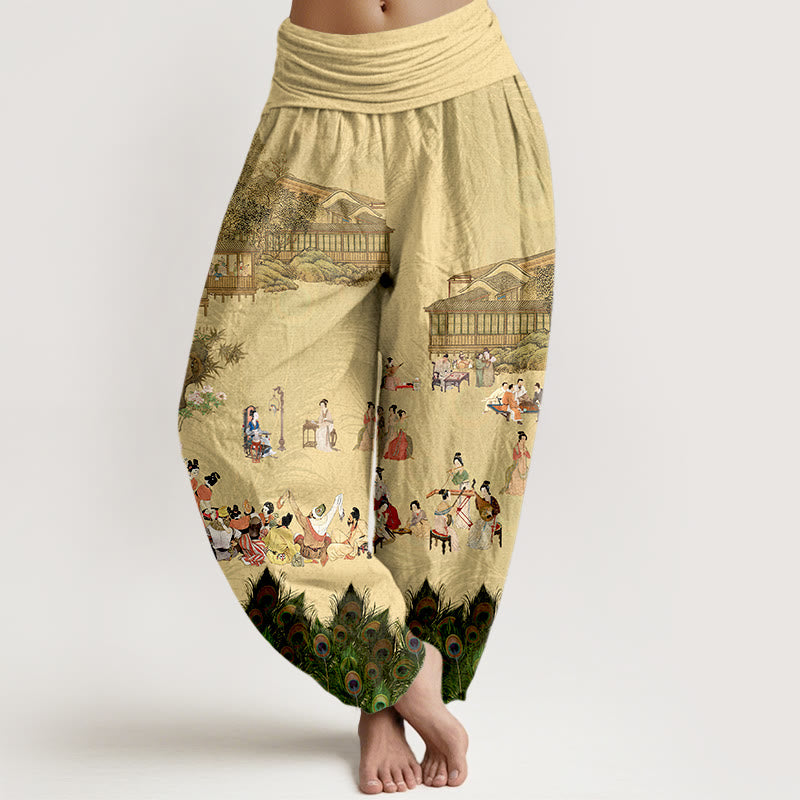 Pantaloni harem da donna con elastico in vita, motivo Buddha Stones, persone dai colori tenui, edifici, piume di pavone, alberi, fiori e rocce in puro cotone - Cachi - US16, UK/AU20, EU48 (3XL) - image 0
