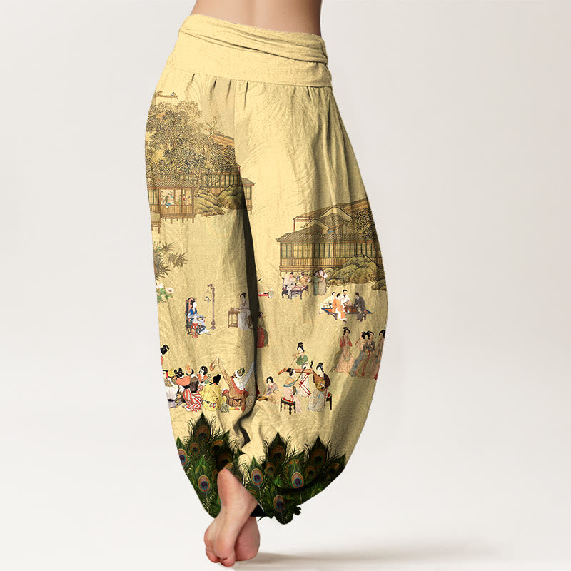 Pantaloni harem da donna con elastico in vita, motivo Buddha Stones, persone dai colori tenui, edifici, piume di pavone, alberi, fiori e rocce in puro cotone - image 1