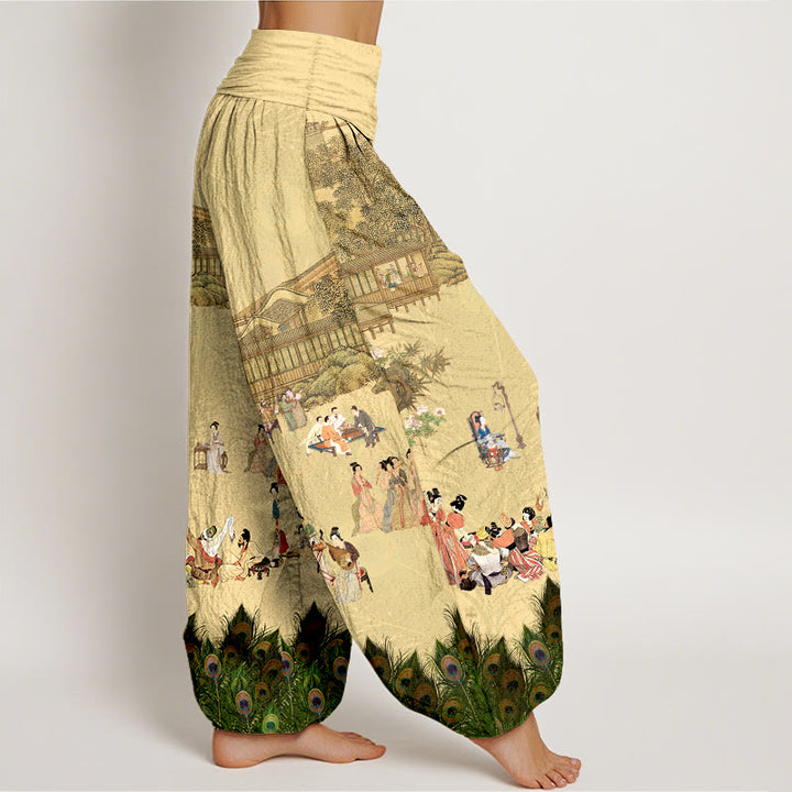 Pantaloni harem da donna con elastico in vita, motivo Buddha Stones, persone dai colori tenui, edifici, piume di pavone, alberi, fiori e rocce in puro cotone - image 2