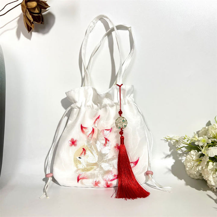 Buddha Stones Suzhou Ricamo Loto Cervo Epiphyllum Peonia Coniglio Cotone Lino Tote Borsa A Tracolla Borsa A Tracolla Borsa A Mano - Volpe bianca a nove code 21*22cm - image 22