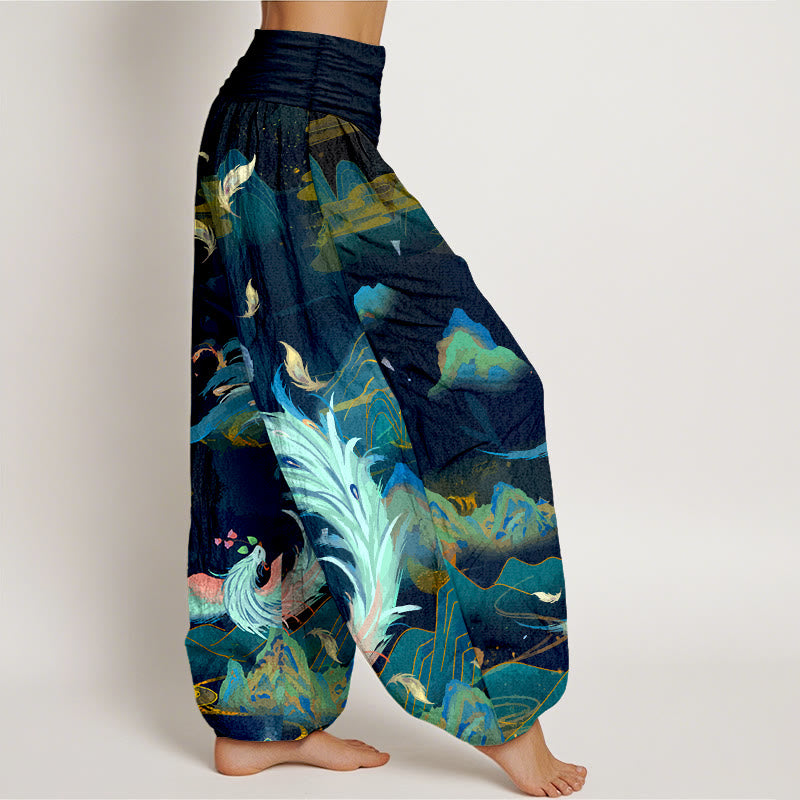 Pantaloni harem da donna con elastico in vita, in puro cotone, con motivo a nuvola e montagna di fenice , Buddha Stones - image 2