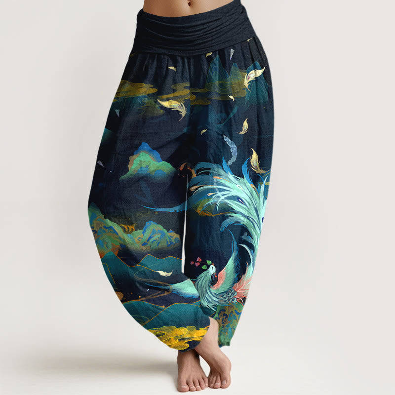 Pantaloni harem da donna con elastico in vita, in puro cotone, con motivo a nuvola e montagna di fenice , Buddha Stones - Blu notte - US16, UK/AU20, EU48 (3XL) - image 0