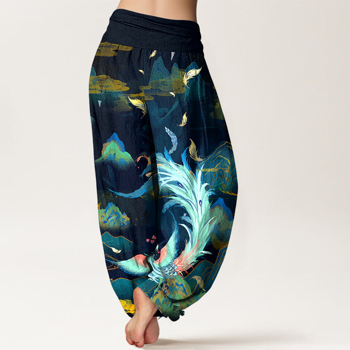 Pantaloni harem da donna con elastico in vita, in puro cotone, con motivo a nuvola e montagna di fenice , Buddha Stones - image 1