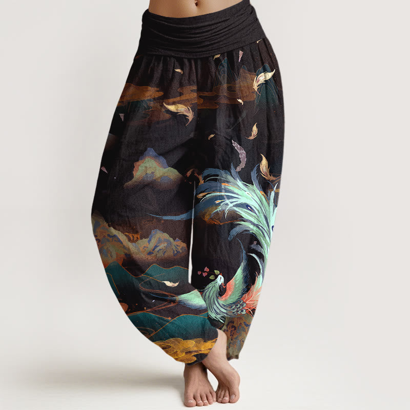 Pantaloni harem da donna con elastico in vita, in puro cotone, con motivo a nuvola e montagna di fenice , Buddha Stones - Nero - US16, UK/AU20, EU48 (3XL) - image 5