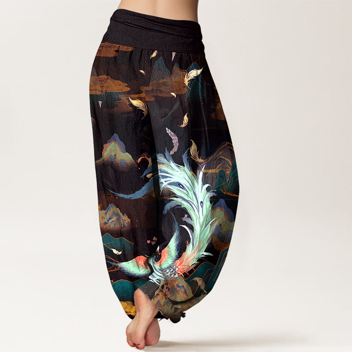 Pantaloni harem da donna con elastico in vita, in puro cotone, con motivo a nuvola e montagna di fenice , Buddha Stones - image 6