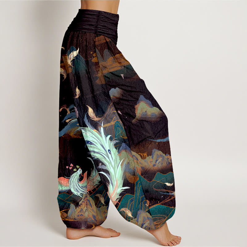 Pantaloni harem da donna con elastico in vita, in puro cotone, con motivo a nuvola e montagna di fenice , Buddha Stones - image 7