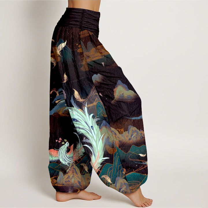 Pantaloni harem da donna con elastico in vita, in puro cotone, con motivo a nuvola e montagna di fenice , Buddha Stones - image 7