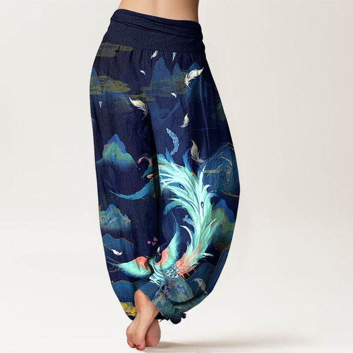 Pantaloni harem da donna con elastico in vita, in puro cotone, con motivo a nuvola e montagna di fenice , Buddha Stones - image 9