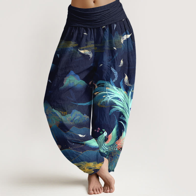 Pantaloni harem da donna con elastico in vita, in puro cotone, con motivo a nuvola e montagna di fenice , Buddha Stones - Marina - US16, UK/AU20, EU48 (3XL) - image 8