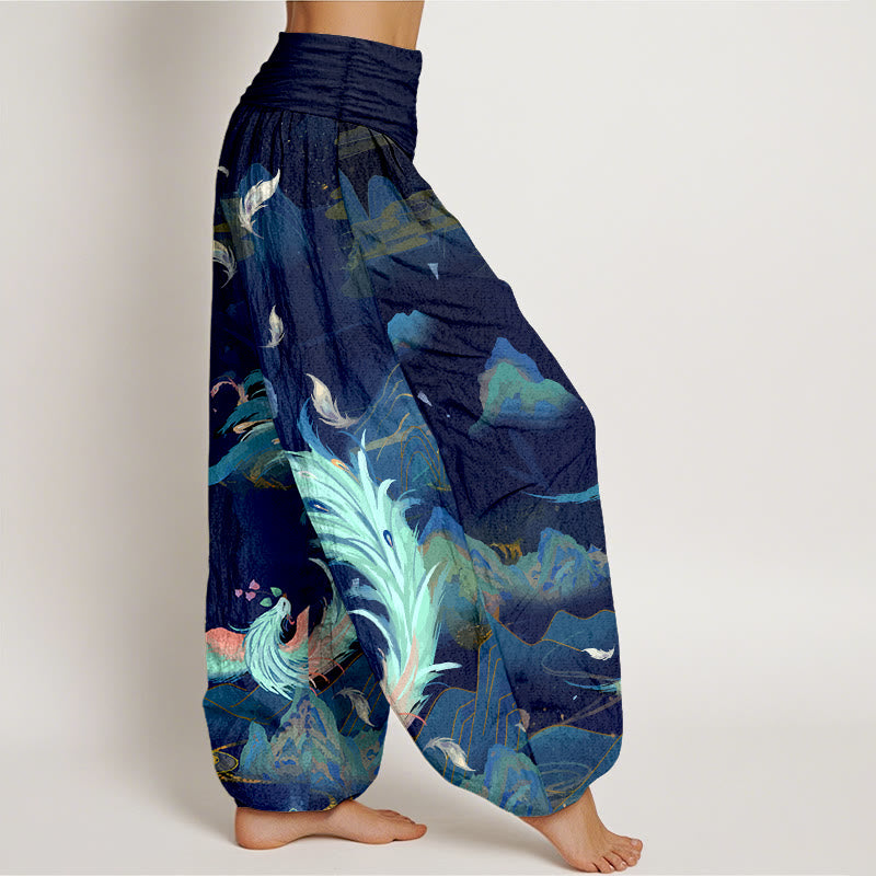 Pantaloni harem da donna con elastico in vita, in puro cotone, con motivo a nuvola e montagna di fenice , Buddha Stones - image 10