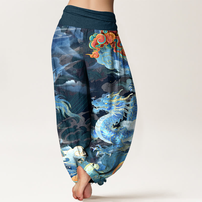 Pantaloni harem da donna con elastico in vita, in puro cotone, con motivo a drago, nuvola e arcobaleno, motivo Buddha Stones - image 1