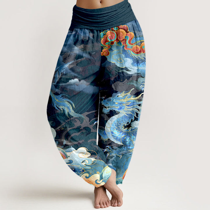 Pantaloni harem da donna con elastico in vita, in puro cotone, con motivo a drago, nuvola e arcobaleno, motivo Buddha Stones - SteelBlue - US16, UK/AU20, EU48 (3XL) - image 0