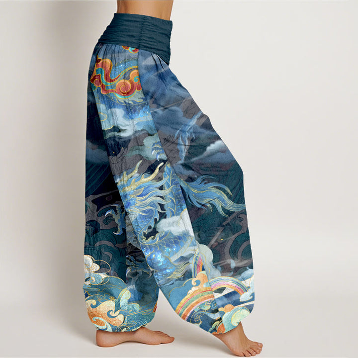 Pantaloni harem da donna con elastico in vita, in puro cotone, con motivo a drago, nuvola e arcobaleno, motivo Buddha Stones - image 2