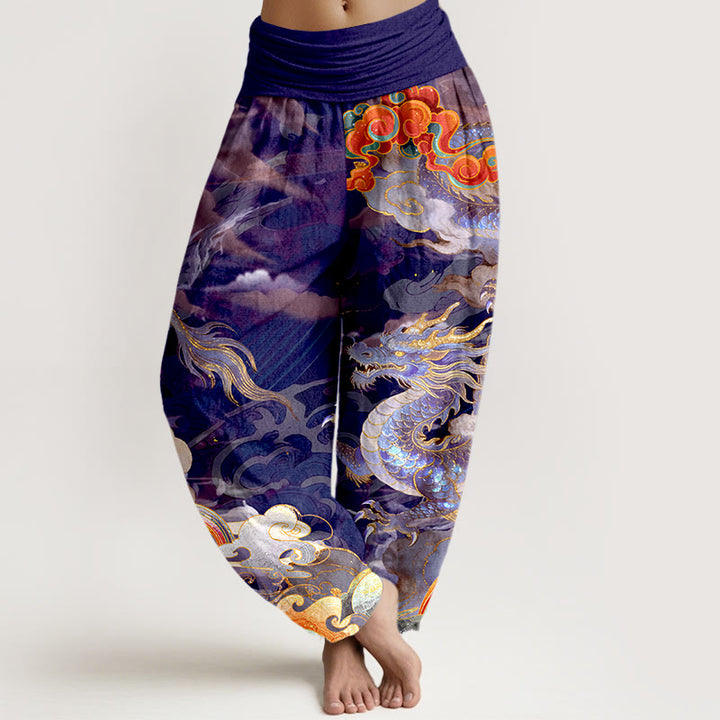 Pantaloni harem da donna con elastico in vita, in puro cotone, con motivo a drago, nuvola e arcobaleno, motivo Buddha Stones - Indaco - US16, UK/AU20, EU48 (3XL) - image 5