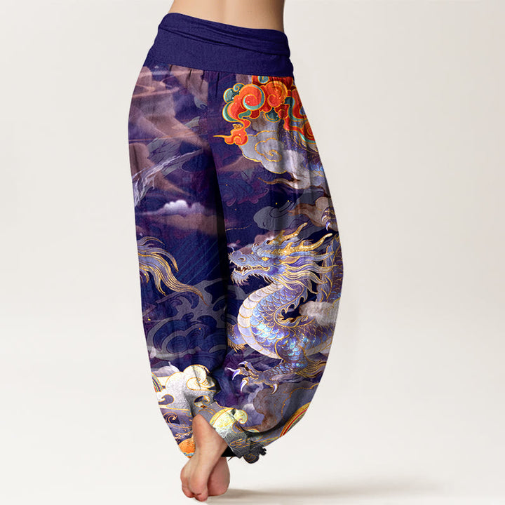 Pantaloni harem da donna con elastico in vita, in puro cotone, con motivo a drago, nuvola e arcobaleno, motivo Buddha Stones - image 6