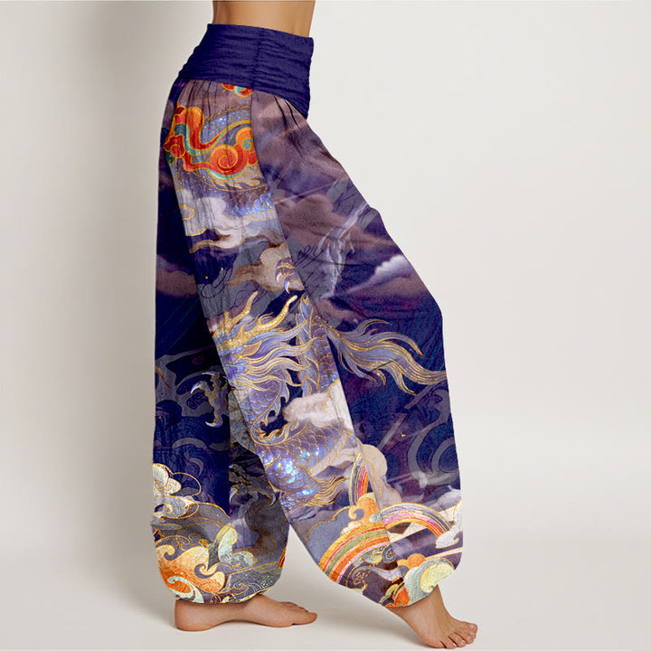 Pantaloni harem da donna con elastico in vita, in puro cotone, con motivo a drago, nuvola e arcobaleno, motivo Buddha Stones - image 7