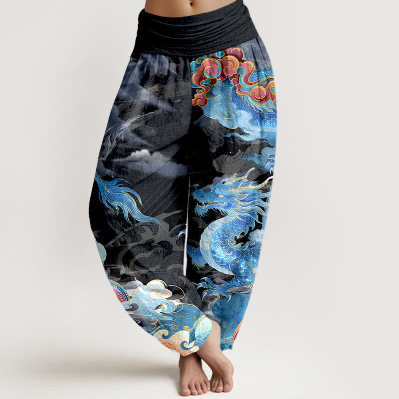 Pantaloni harem da donna con elastico in vita, in puro cotone, con motivo a drago, nuvola e arcobaleno, motivo Buddha Stones - Nero - US16, UK/AU20, EU48 (3XL) - image 8