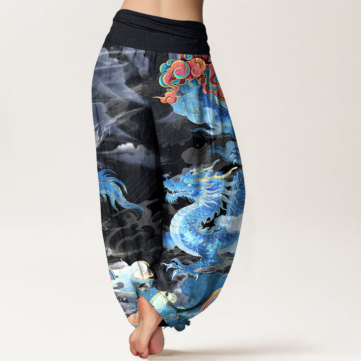 Pantaloni harem da donna con elastico in vita, in puro cotone, con motivo a drago, nuvola e arcobaleno, motivo Buddha Stones - image 9