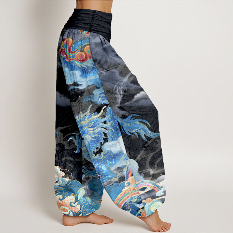 Pantaloni harem da donna con elastico in vita, in puro cotone, con motivo a drago, nuvola e arcobaleno, motivo Buddha Stones - image 10