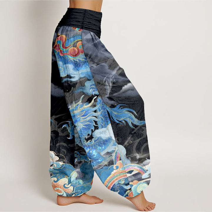 Pantaloni harem da donna con elastico in vita, in puro cotone, con motivo a drago, nuvola e arcobaleno, motivo Buddha Stones - image 10