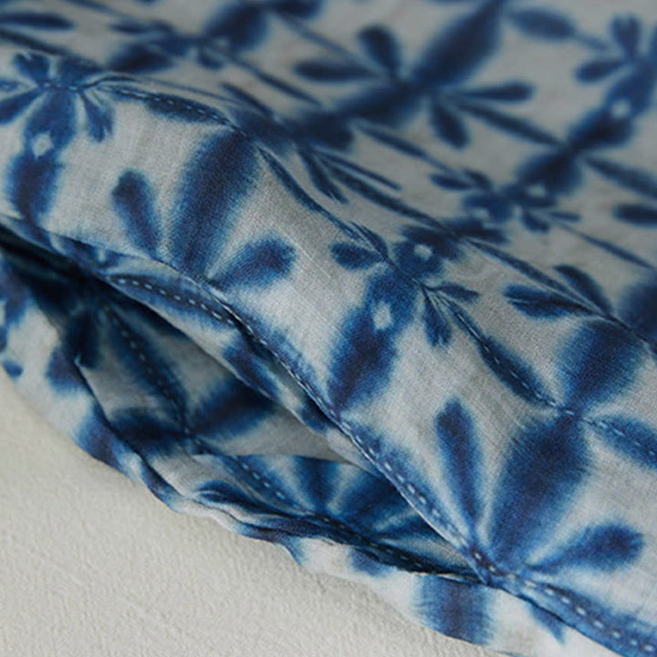 Abito midi a maniche corte con tasche, motivo floreale blu a righe, forma circolare, colletto rialzato, estivo , Buddha Stones - image 3